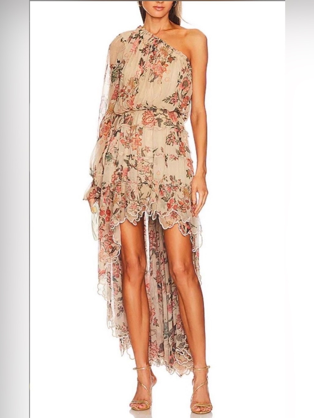 HEMANT & NANDITA Beige Floral One-Shoulder High-Low Dress